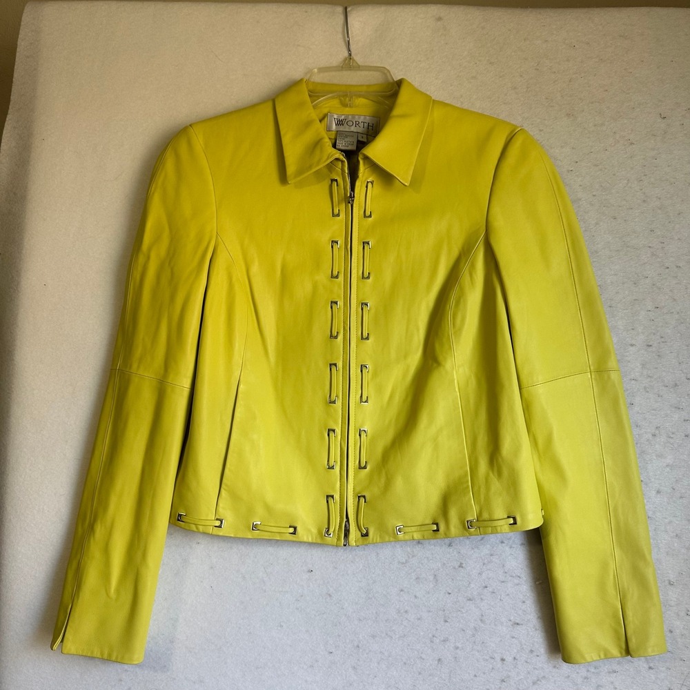 Worth New York Yellow Leather Jacket Size 8 Chartreuse Zip Front Metal Hardware